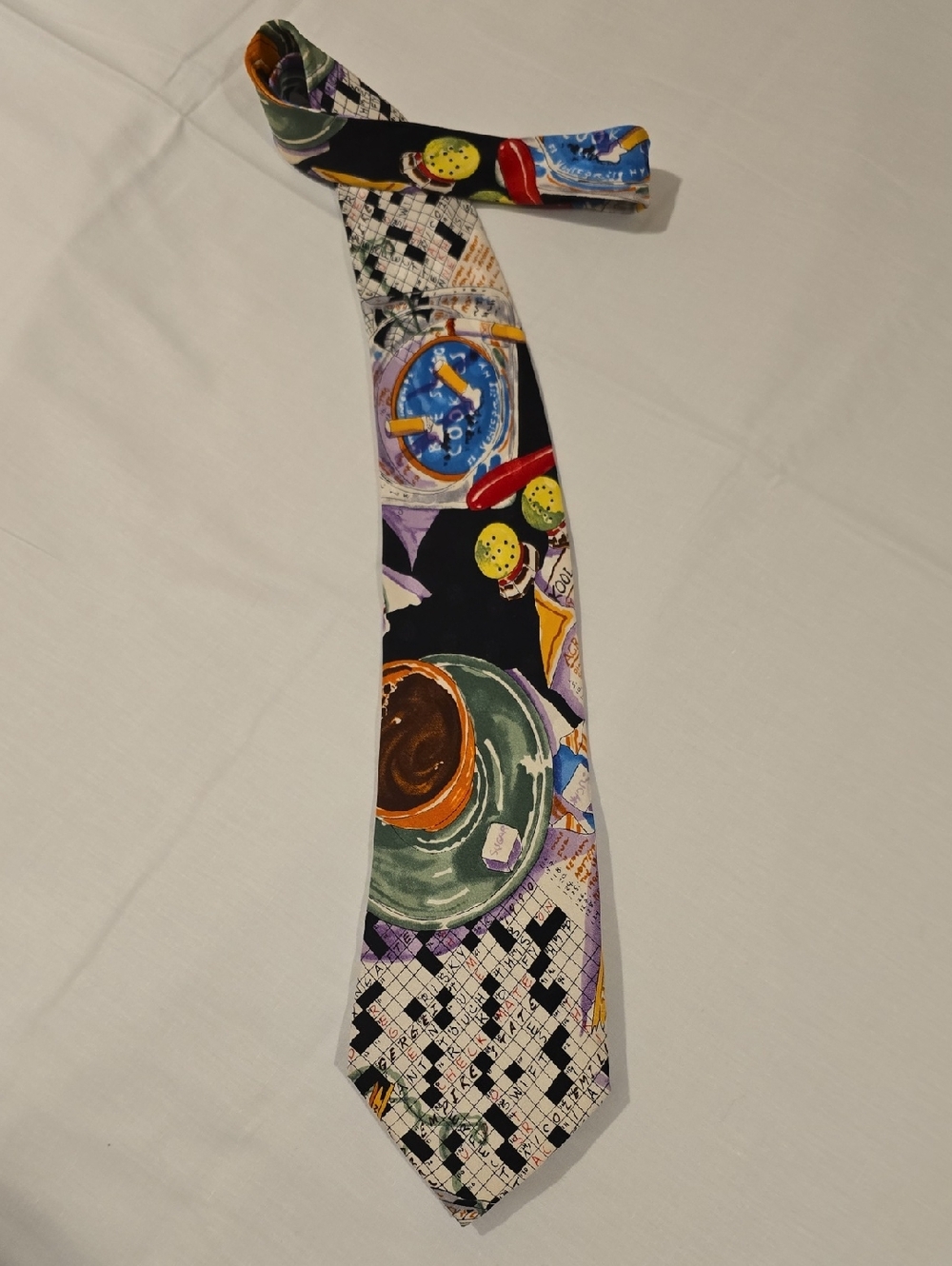 Nicole Miller Black Vintage Silk Tie with Coffee, Crossword & Colorful Motifs